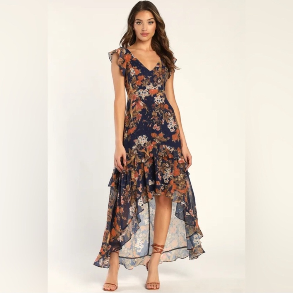 Lulu's Blue and Pink Ruffled High Low Sundress